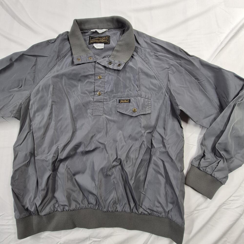 Eddie Bauer Jacket Mens Medium Gray Nylon Pullover Windbreaker Stand Collar